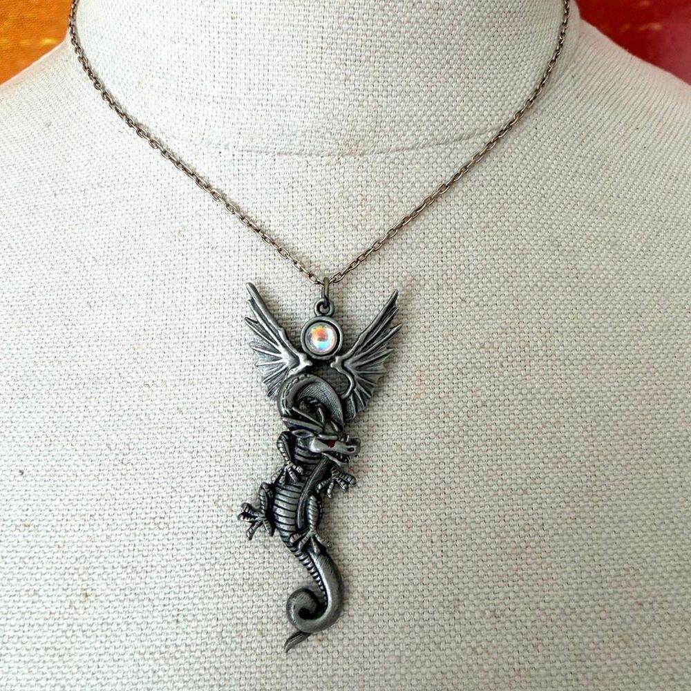 Vintage JJ Jonette Jewelry Pewter Winged Dragon Crystal Pendant Necklace